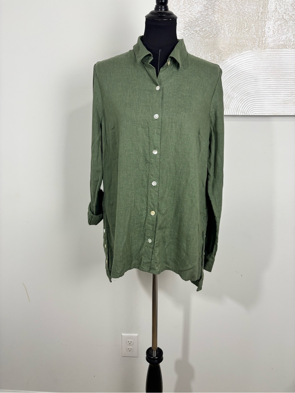 New Directions Women Large Green Linen Lyocell Tunic Roll Tab Sleeve Lightweight - Picture 2 of 11